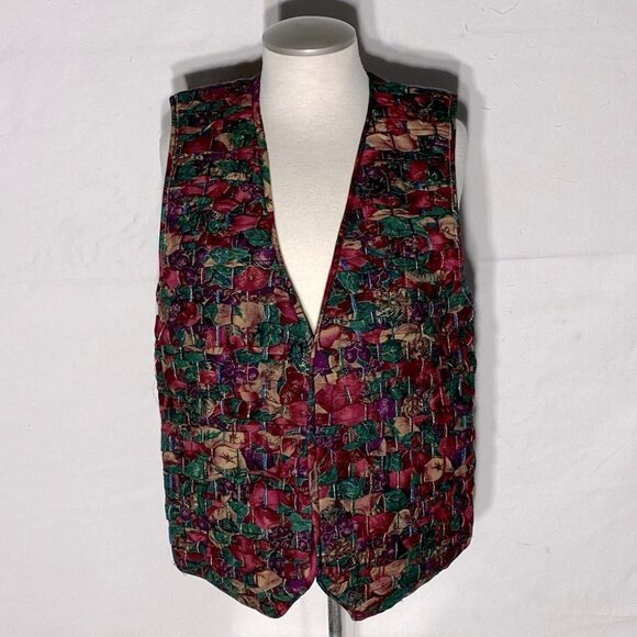Vintage Handmade Woven Festive Print Vest with Purple Satin Back L - Picture 2 of 11